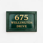 Cast Aluminum House Number Plaque – Traditional Green Address Sign with Raised Gold Numbers