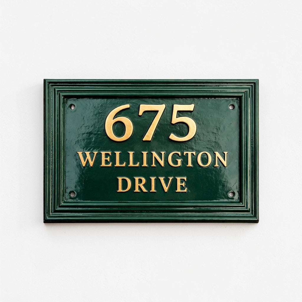 Cast Aluminum House Number Plaque – Traditional Green Address Sign with Raised Gold Numbers