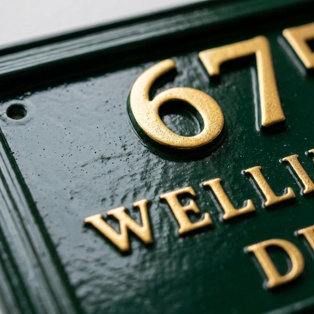 Cast Aluminum House Number Plaque – Traditional Green Address Sign with Raised Gold Numbers