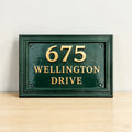 Cast Aluminum House Number Plaque – Traditional Green Address Sign with Raised Gold Numbers