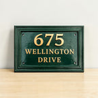 Cast Aluminum House Number Plaque – Traditional Green Address Sign with Raised Gold Numbers