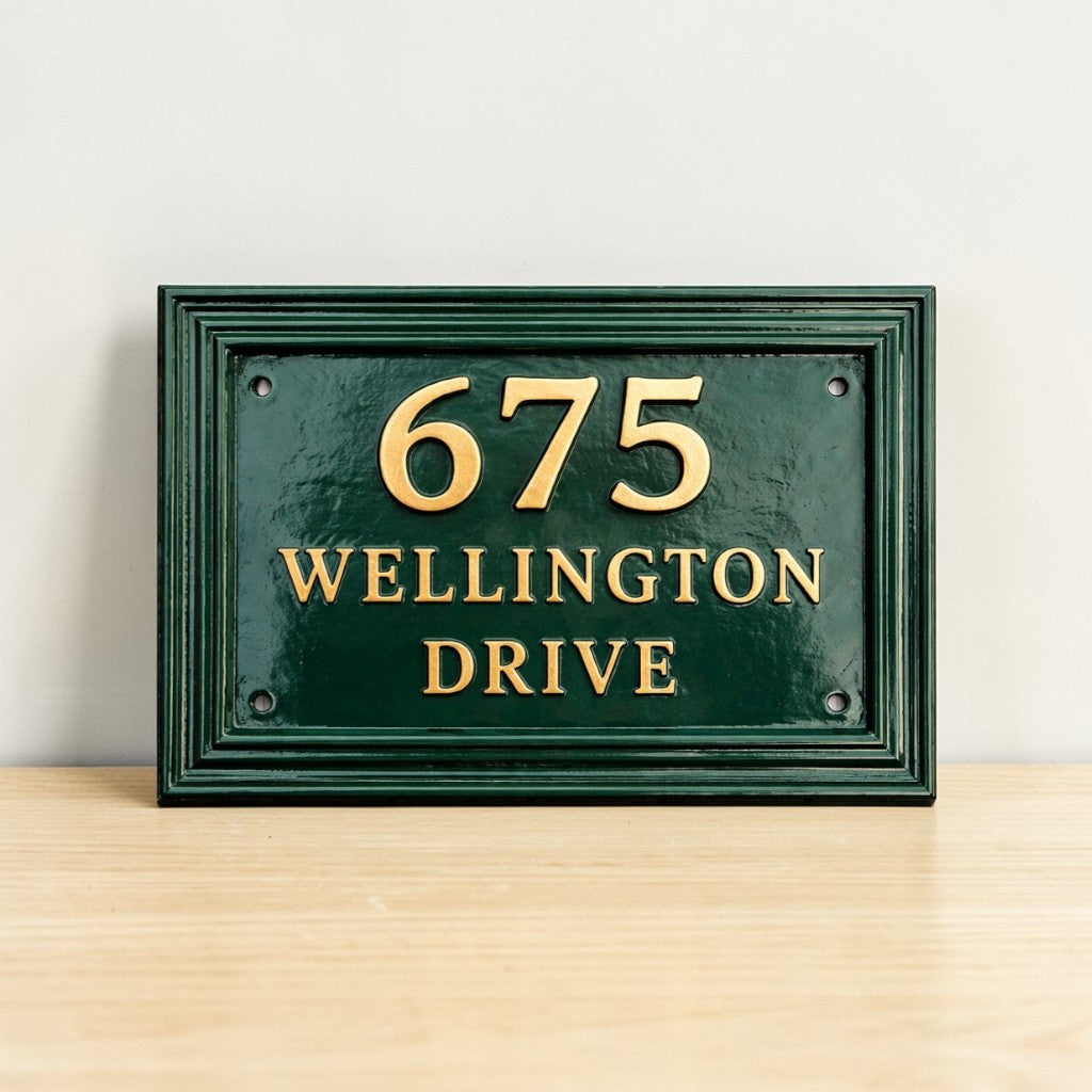 Cast Aluminum House Number Plaque – Traditional Green Address Sign with Raised Gold Numbers