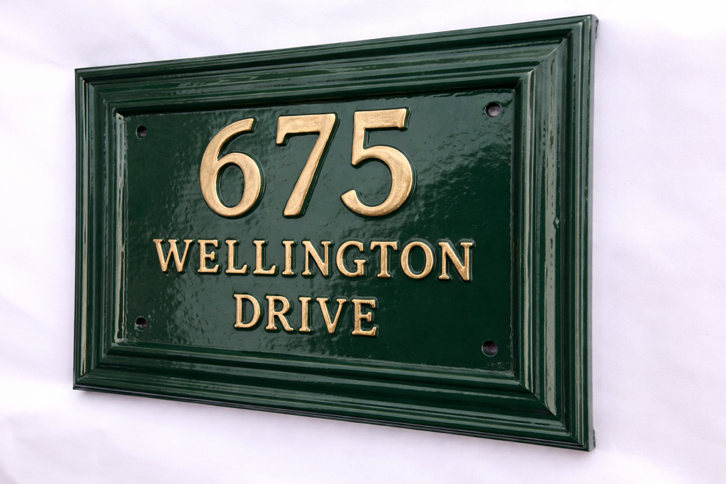 Cast Aluminum House Number Plaque – Traditional Green Address Sign with Raised Gold Numbers