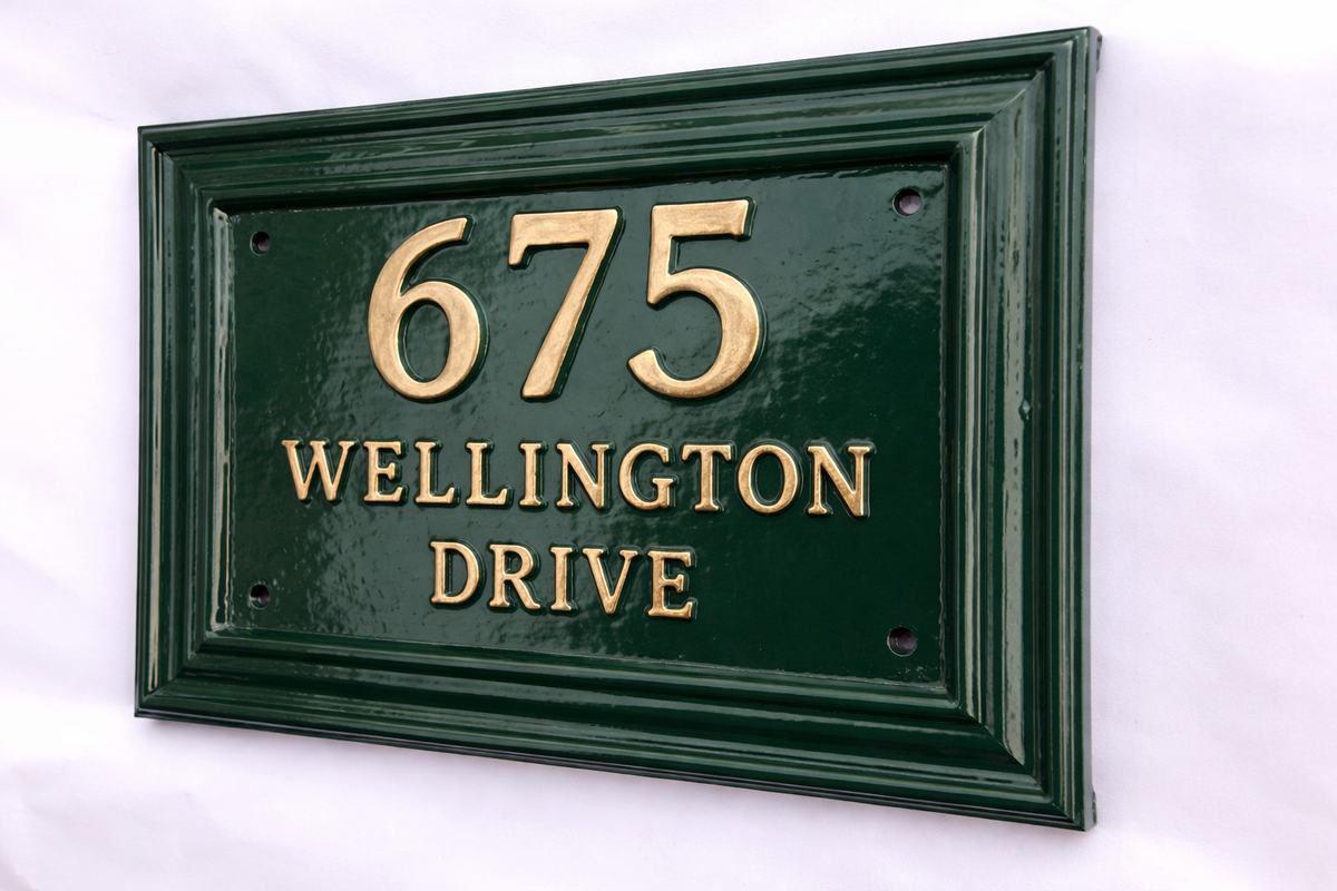 Cast Aluminum House Number Plaque – Traditional Green Address Sign with Raised Gold Numbers