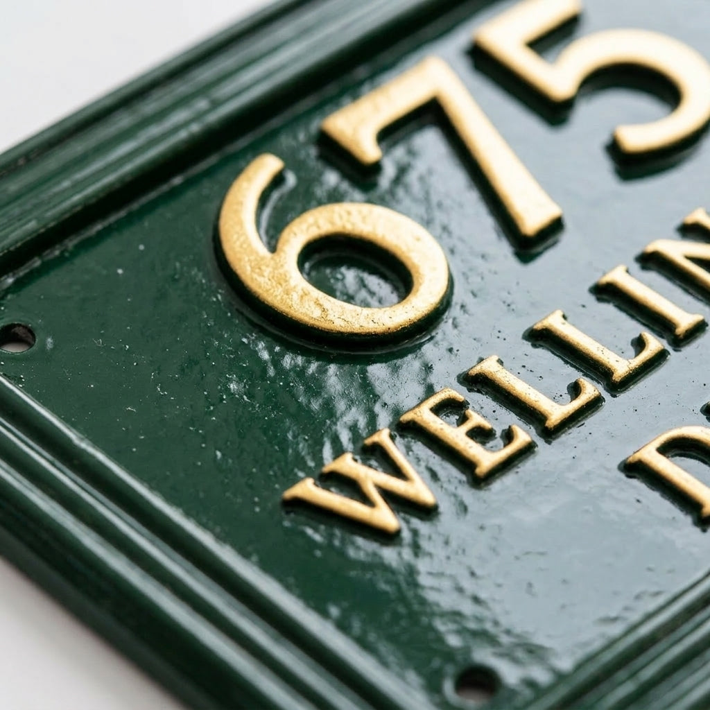 Cast Aluminum House Number Plaque – Traditional Green Address Sign with Raised Gold Numbers