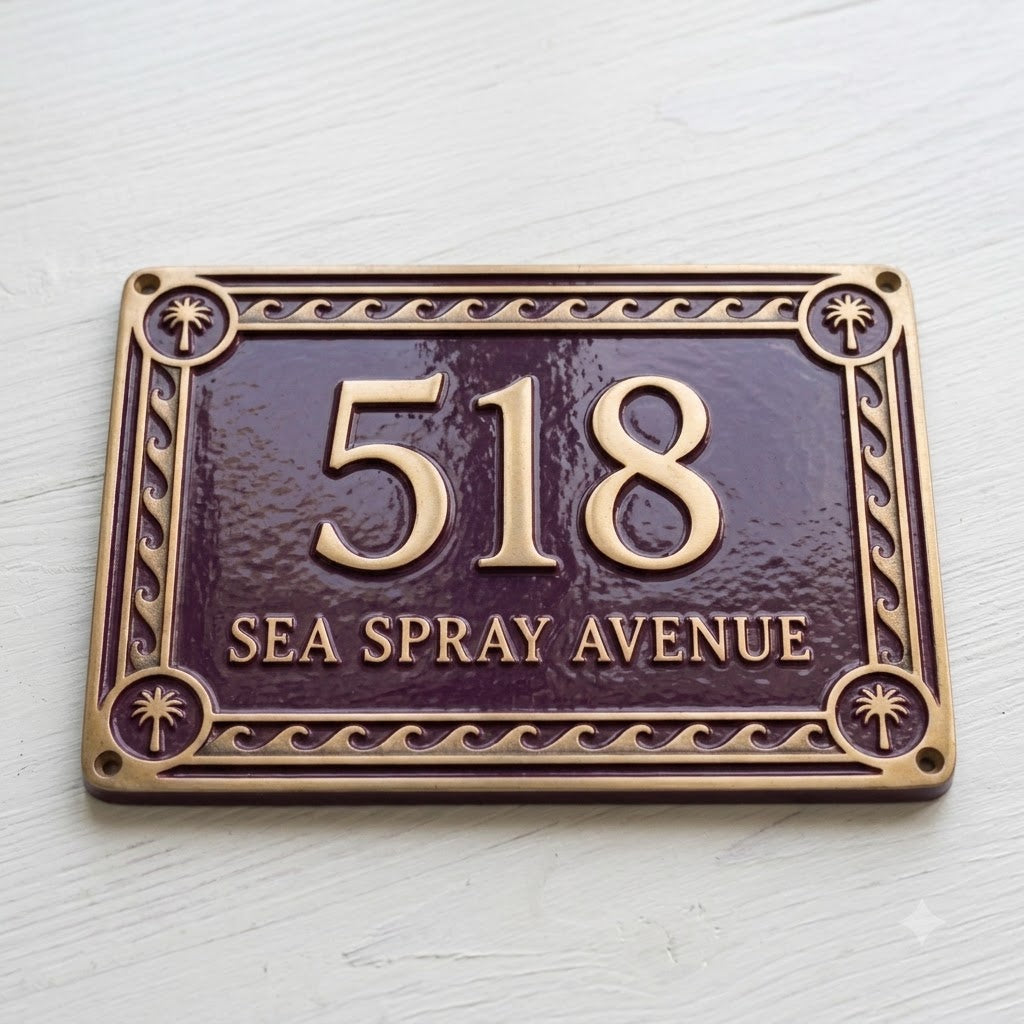 Phoenicia Waves Cast Aluminum Address Plaque – Personalized Handmade House Sign