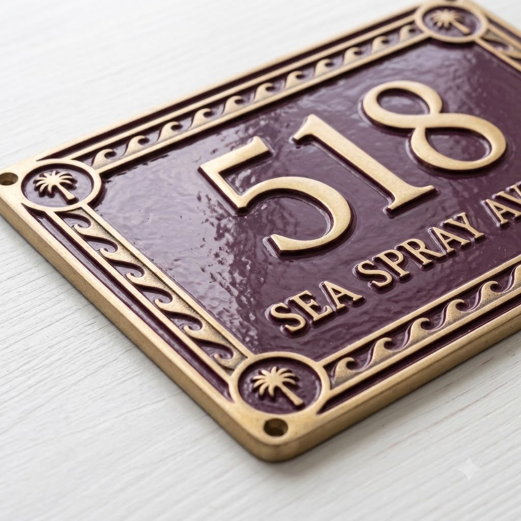 Phoenicia Waves Cast Aluminum Address Plaque – Personalized Handmade House Sign