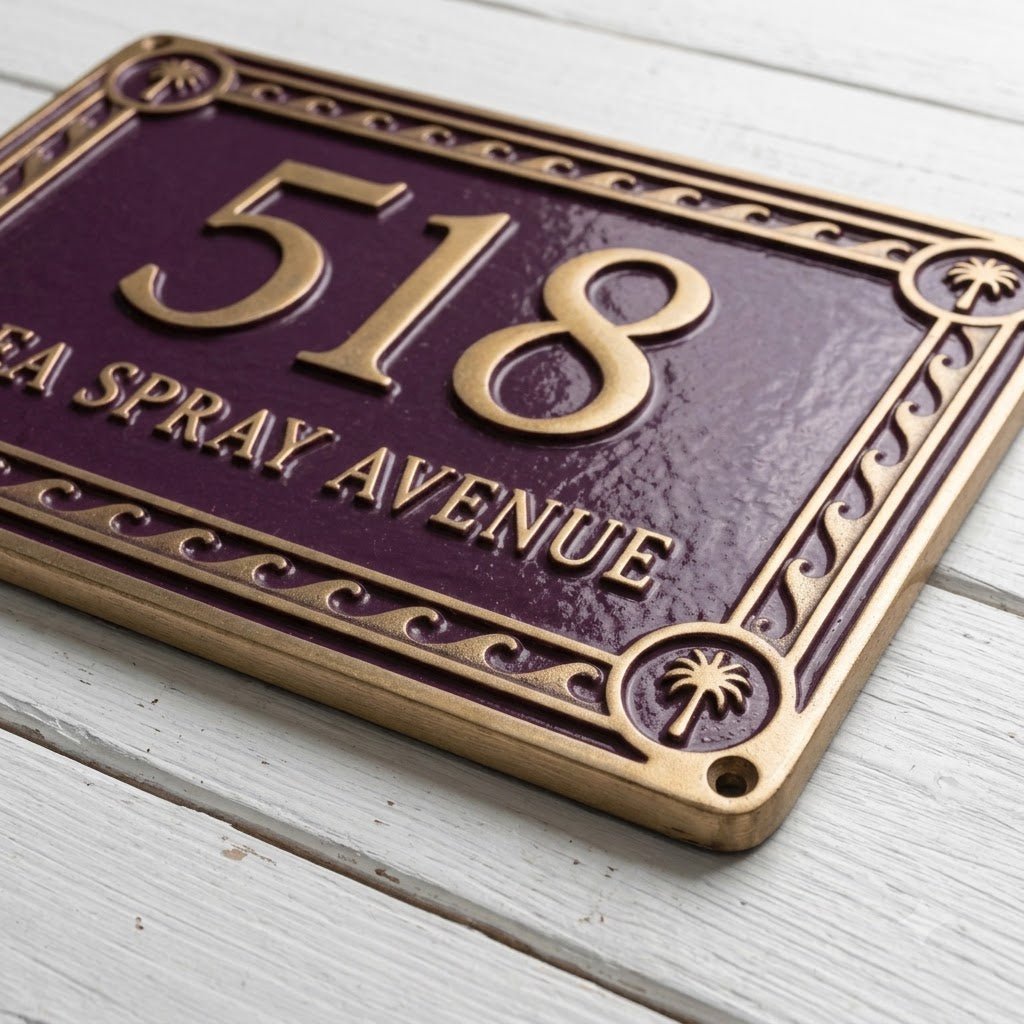 Phoenicia Waves Cast Aluminum Address Plaque – Personalized Handmade House Sign