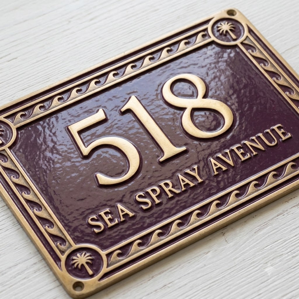 Phoenicia Waves Cast Aluminum Address Plaque – Personalized Handmade House Sign