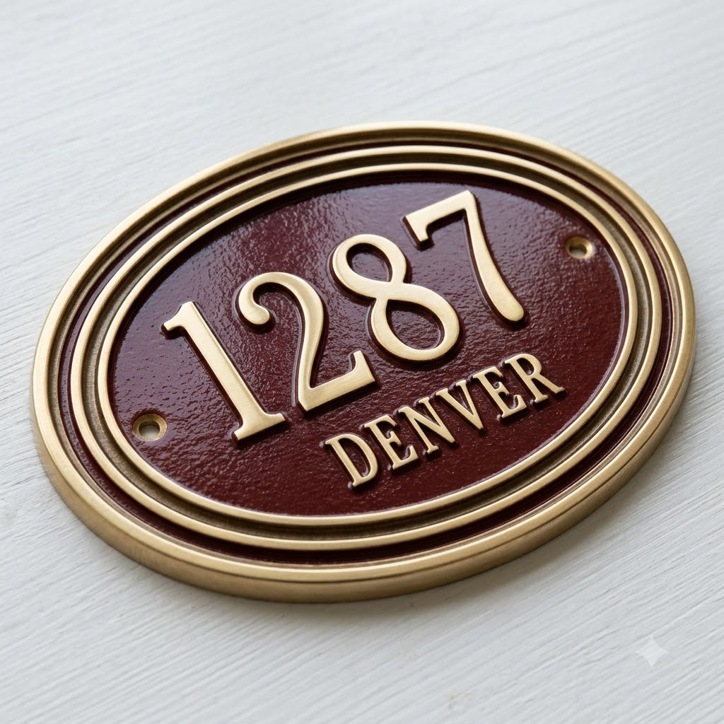 Ovale Hausnummernschild aus Aluminiumguss, kundenspezifisches Adressschild, erhabene Metallziffern, klassisches Vintage-Türschild